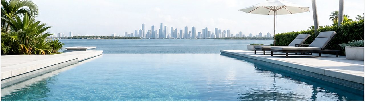 Bright waterfront swimming pool with a distant Miami skyline